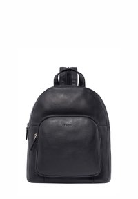 Black leather backpack with rounded shape, textured surface, front zip pocket, and adjustable shoulder straps. Features subtle logo on front.
