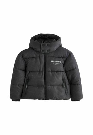 Schwarze Steppjacke mit hohem Kragen, Frontreißverschluss und Reißverschlusstaschen mit "ALLSAINTS" Branding auf Brust und Taschen.