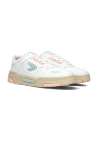White low-top sneakers with beige soles, light blue and pastel pink accents, and a textured logo on the side, shown from an angled front view.