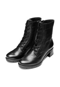 Bottines en cuir noir avec bout arrondi, dotées d'un laçage à l'avant, d'une fermeture éclair sur le côté et d'un talon épais. Fini texturé et semelle robuste.