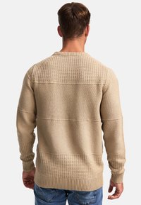 Pull en maille beige avec des motifs texturés et des poignets côtelés, présentant un design à rayures horizontales dans le dos.