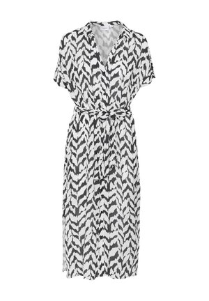 Rochie cu model alb-negru, cu decolteu în V, mâneci scurte și talie legată. Confecționată dintr-un material ușor, având un design abstract în zigzag.