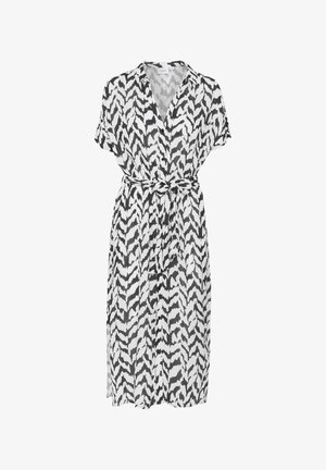 Rochie cu model alb-negru, cu decolteu în V, mâneci scurte și talie legată. Confecționată dintr-un material ușor, având un design abstract în zigzag.