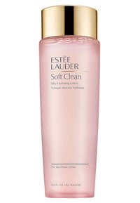 Estee Lauder Soft Clean-lotion i en klar rosa flaska med guldfärgad accent. Texten visar produktens namn och detaljer. Volym 400 ml. Slät yta.