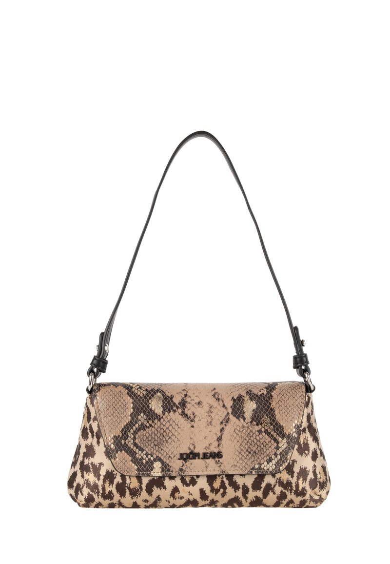 Väska med svart axelrem, med en design av beige och brun ormskinn och leopardmönster. Texturerad yta med logotypdetalj.