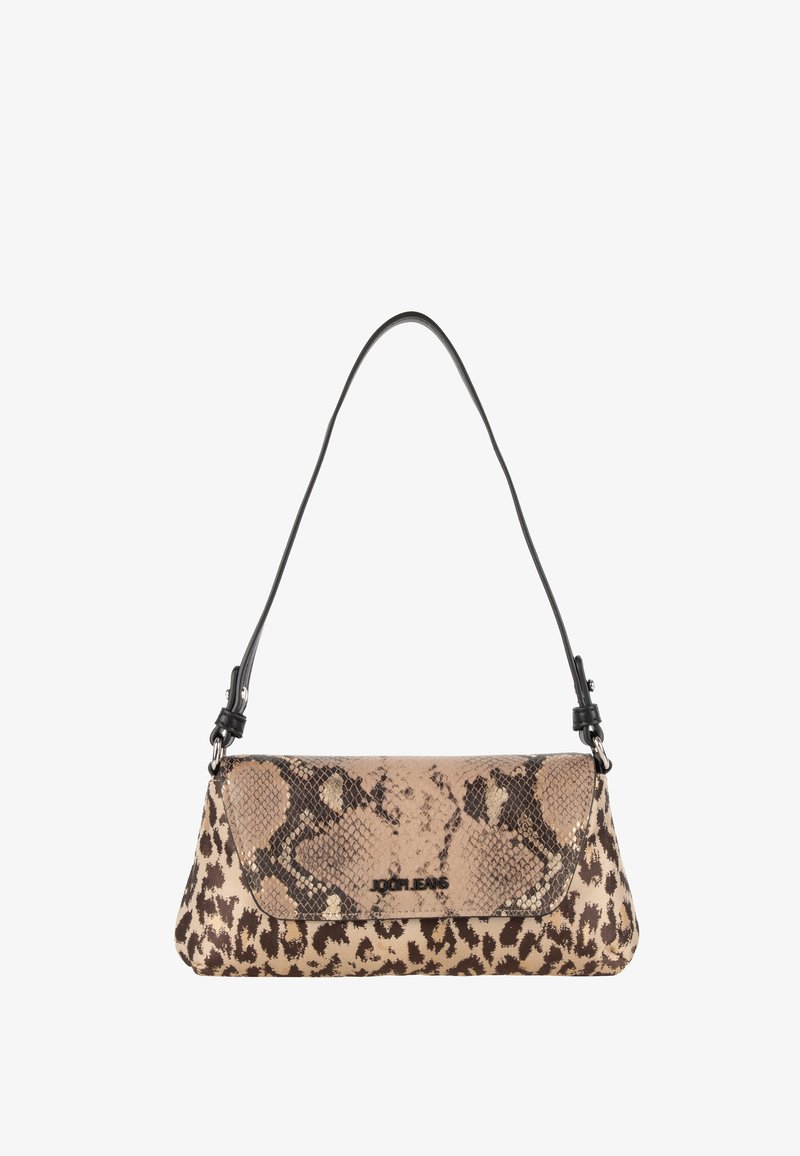 Torebka z czarnym paskiem na ramię, z beżowym i brązowym wzorem wężowej skóry oraz w leopardzie. Teksturowana powierzchnia z detalem logo.
