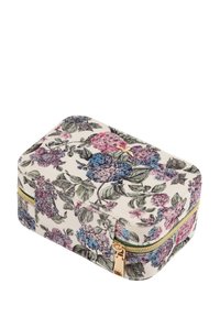 Floral-patterned rectangular case with gold zipper, featuring purple, pink, and blue flowers on a cream background. Soft-textured fabric.