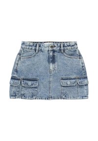 Denim mini-jurk, lichtblauwe wassing, vijf-pocket ontwerp, twee voorzakken, zoomlijn boven halverwege de dij, gestructureerde stof met vervaagde gedeelten.