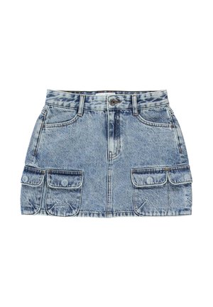 Denim mini-jurk, lichtblauwe wassing, vijf-pocket ontwerp, twee voorzakken, zoomlijn boven halverwege de dij, gestructureerde stof met vervaagde gedeelten.