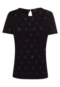 Camiseta negra de algodón con cuello redondo, mangas cortas y textura de puntos. Incluye una abertura en forma de llave en la espalda.