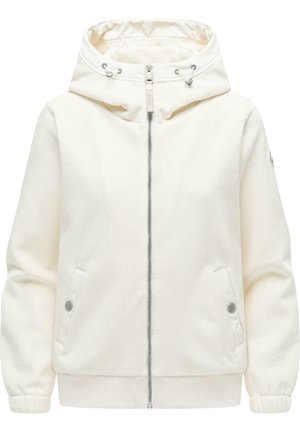 Hvid corduroy lynlåshættetrøje med snøre i hætten, elastiske manchetter, forlommer med trykknapper og ribkant i taljen.