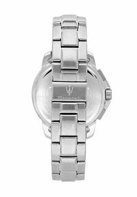 Orologio in acciaio inox argentato con bracciale a maglie, cassa rotonda e retro trasparente. Presenta un logo inciso sulla cassa.