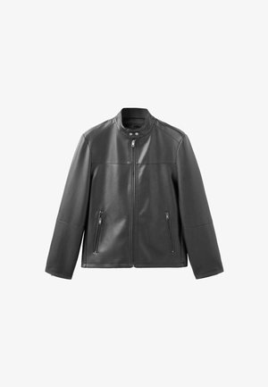 Black leather jacket with a stand-up collar, zippered front, and two zippered side pockets. Features a smooth texture and tailored fit.