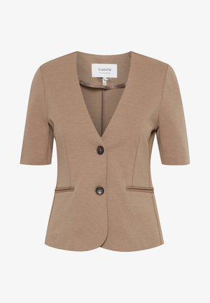 Blazer scurt maro cu mânecă scurtă, decolteu în V, închidere cu un singur nasture, două buzunare frontale, material texturat și croi ajustat.