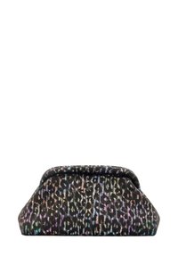 Czarna kopertówka z fakturowanym, iryzującym wzorem w panterkę. Posiada zaokrąglony szczyt i szeroką podstawę. Aksamitne wykończenie. Kompaktowy design.