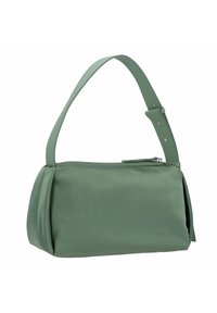 Groene, zachte stoffen handtas met een gestructureerde vorm en een enkele verstelbare schouderband. Voorzien van een ritssluiting en subtiele stiksels.