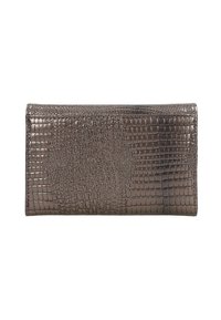 Portafoglio con texture crocodile in bronzo metallico, caratterizzato da una forma rettangolare e un design elegante. Bordature cucite e senza dettagli hardware visibili.