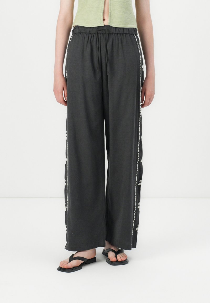 Wide-leg, dark gray pants with an elastic waistband and contrasting white decorative trim along the sides. Worn with black flip-flops.