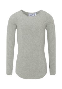 Maglietta a maniche lunghe di un grigio chiaro a coste, con scollo rotondo e silhouette aderente, etichettata "Molo" al colletto.