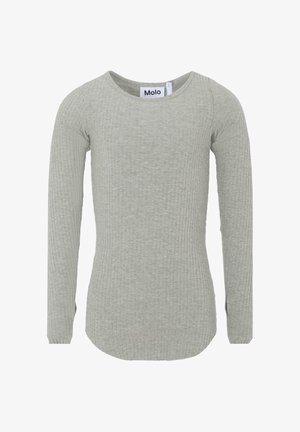 Jasnoszara, prążkowana, długiego rękawa koszulka z okrągłym dekoltem i dopasowanym krojem, oznaczona metką "Molo" przy kołnierzu.