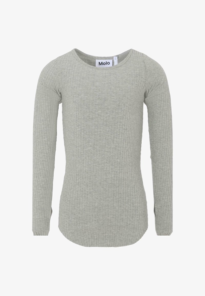 Lichtgrijze geribbelde longsleeve shirt met ronde halslijn en getailleerde pasvorm, gemarkeerd met "Molo" op de kraag.