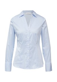 Light blue striped shirt with long sleeves, a V-neck, button closure, and tailored fit. Featuring vertical stripes and contrasting cuffs.