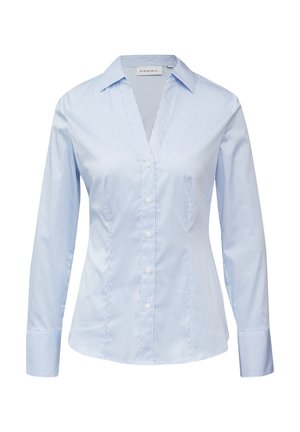 Hellblau gestreiftes Hemd mit langen Ärmeln, V-Ausschnitt, Knopfverschluss und taillierter Passform. Mit vertikalen Streifen und kontrastierenden Manschetten.