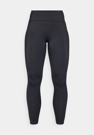 Leggings pretos de cintura alta feitos de um material liso e elástico com um design ajustado, apresentando uma silhueta limpa, sem padrões ou adornos.