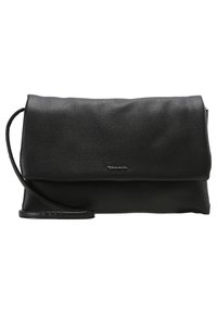 Černé kožené psaníčko s texturovaným povrchem, s klopou přes horní část a odnímatelným ramenním popruhem. Nenápadné logo na přední straně.