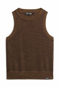 Top senza maniche marrone in maglia con finitura testurizzata, colletto e orlo a coste, con un piccolo etichetta del marchio nell'angolo in basso a sinistra.