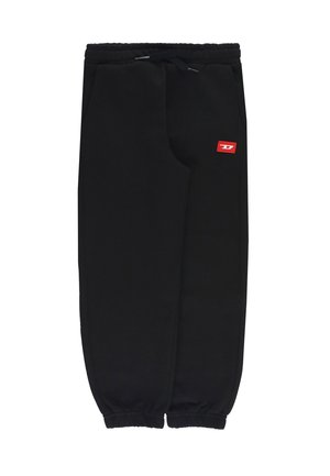 Pantaloni della tuta neri con vita e polsini elasticizzati, coulisse, tasche laterali e una piccola toppa rettangolare rossa con il logo sulla coscia destra.