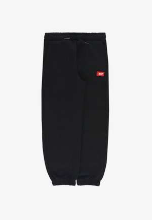 Pantaloni della tuta neri con vita e polsini elasticizzati, coulisse, tasche laterali e una piccola toppa rettangolare rossa con il logo sulla coscia destra.