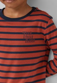 Kind met een roestkleurig en marineblauw gestreept shirt met lange mouwen en de tekst "TEAM ROAR SLVR" op de borst.