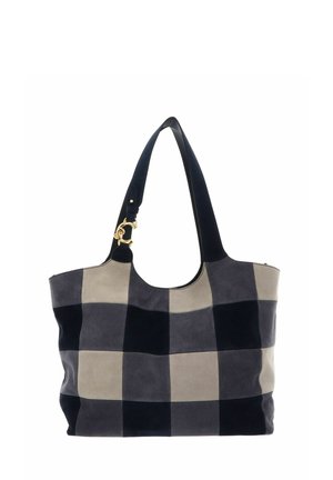 Grande borsa tote con motivo a scacchiera nero e beige e due spallacci neri con dettaglio fibbia dorata.