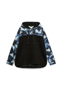 Felpa con cappuccio con corpo nero e maniche a motivo astratto blu. Presenta una placca di bottoni e un laccio nel cappuccio.
