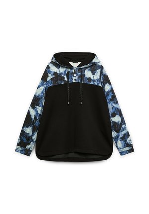 Sudadera con capucha de cuerpo negro y mangas con patrón abstracto en azul. Incluye una tapeta de botones y cordones en la capucha.