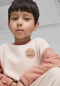 Ljusrosa och rostfärgad långärmad sweatshirt med en rund, broderad logotyp som föreställer en kattliknande figur och prickar. Mjuk tyg, avslappnad passform.