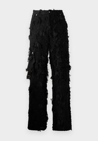 Schwarze Hose mit einem strukturierten, fransigen Design. Verfügt über eine hohe Taille, einen Metallknopfverschluss und einen seitlichen Riemen zur Anpassung.