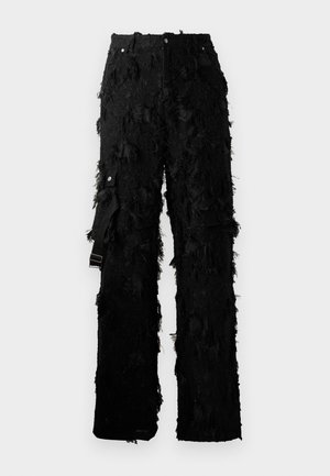 Black pants with a textured, fringed design. Features a high waist, metal button closure, and side strap for adjustment.