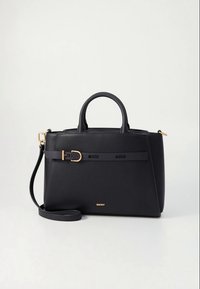 Black leather handbag with dual top handles, detachable shoulder strap, gold hardware, and a minimalistic design featuring a buckle detail.