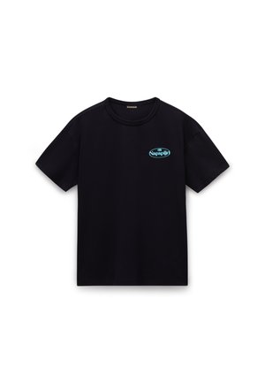 Black cotton t-shirt with short sleeves, a crew neckline, and a blue logo printed on the left chest. Smooth texture, classic fit.