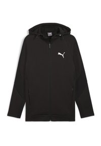 Sudadera con cremallera negra, con capucha ajustable, bolsillos laterales y un logo blanco de Puma. Fabricada con una tela suave y ligera con acentos texturizados.