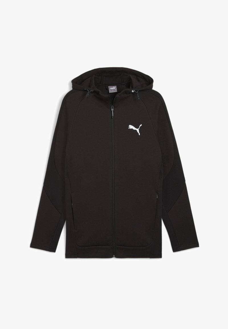 Sudadera con cremallera negra, con capucha ajustable, bolsillos laterales y un logo blanco de Puma. Fabricada con una tela suave y ligera con acentos texturizados.