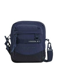 Borsa a tracolla blu navy con un pannello inferiore testurizzato, dotata di tasca frontale con zip, tracolla regolabile e logo impresso.