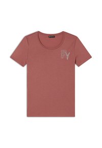 Camiseta de manga corta color rosa polvo en tejido suave, con un escote redondo y un diseño decorativo "FY" con strass en el lado izquierdo del pecho.