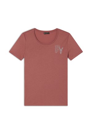 T-shirt a maniche corte di colore rosa antico realizzato in tessuto morbido, caratterizzato da un collo rotondo e una decorativa scritta "FY" con strass sul lato sinistro del petto.