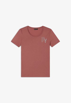 Camiseta de manga corta color rosa polvo en tejido suave, con un escote redondo y un diseño decorativo "FY" con strass en el lado izquierdo del pecho.