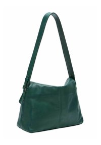 Groene leren schoudertas met een gladde textuur, een enkele verstelbare band en een licht slordige vorm. Heeft subtiele stiksel details.