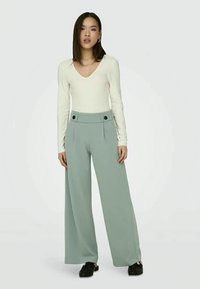 Light beige long-sleeve top with a V-neck paired with high-waisted, wide-leg pants in pale green, featuring black button details.