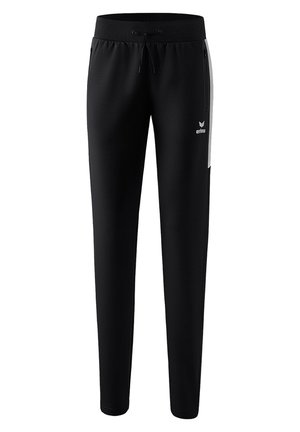 Pantalons de jogging noirs en tissu lisse, dotés d'une taille élastique avec cordon de serrage, de poches zippées sur les côtés et d'un détail de logo blanc.